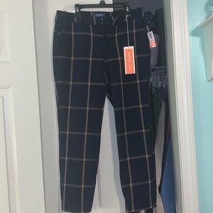 Navy and tan, plaid dress pant.